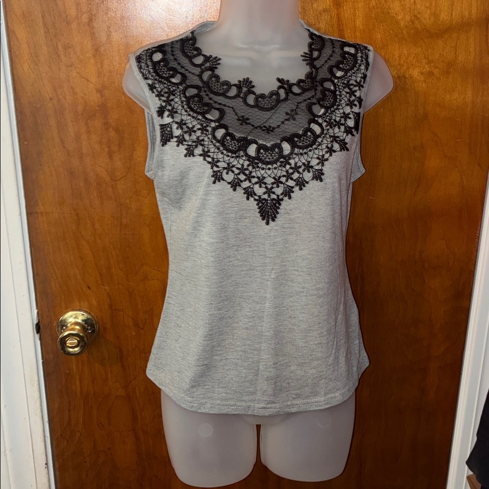 SHEIN Gray Tank Top with Black Lace Detail